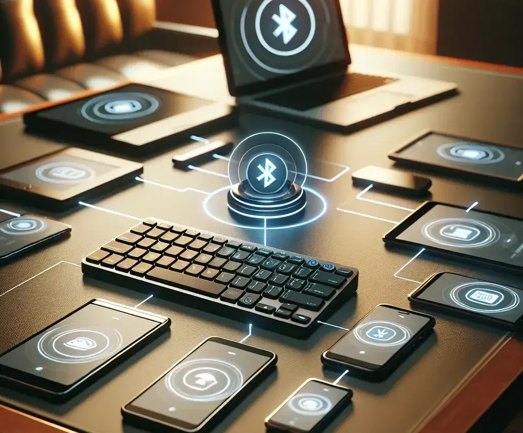"Keyboard Bluetooth dengan multiple connection feature, terhubung ke beberapa perangkat secara bersamaan, cocok untuk multitasking dan produktivitas."